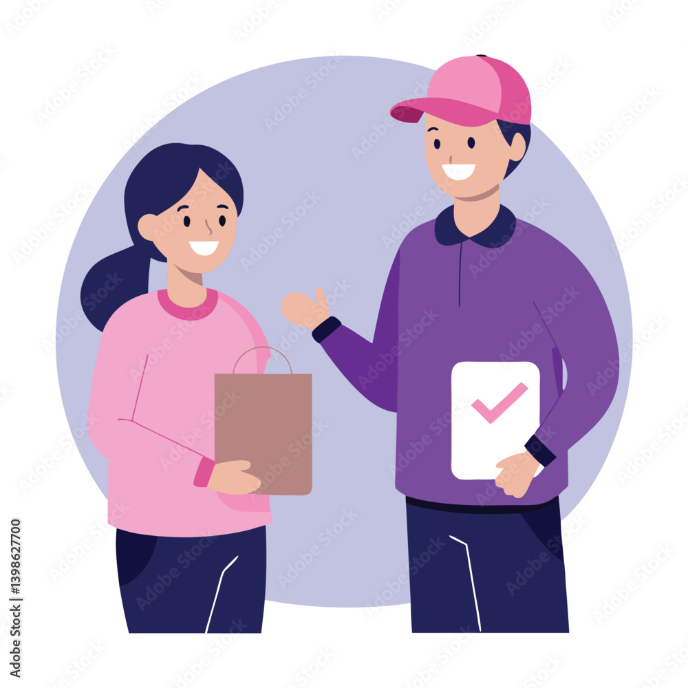 Happy Delivery Person Gives Package to a Woman, Flat