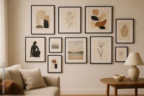 Contemporary Wall Art Collection Displayed Above a Cozy Sofa in a Bright Livi...