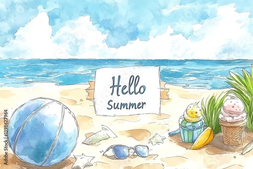 Greeting the First Day of Summer: A vibrant summer design featuring ice cream cones and beach accessories