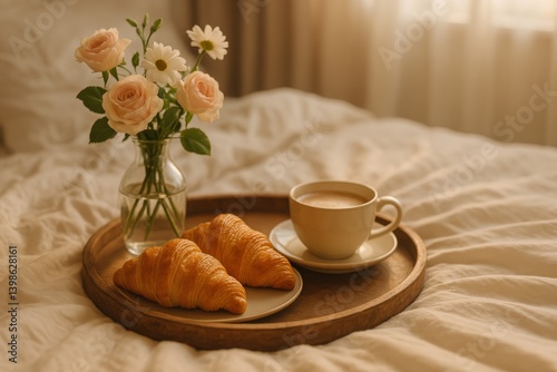 Morning Coffee and Croissants Served on a Cozy Bed With Fresh Flowers in a Jar