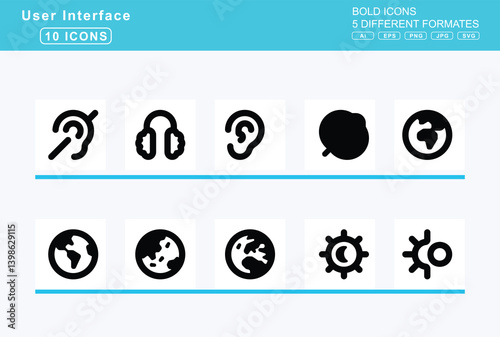 Set of 5 bold user interface icons, cursor, finger, icon, flat, vector, plus, text, -2, d, dart, dashboard, database