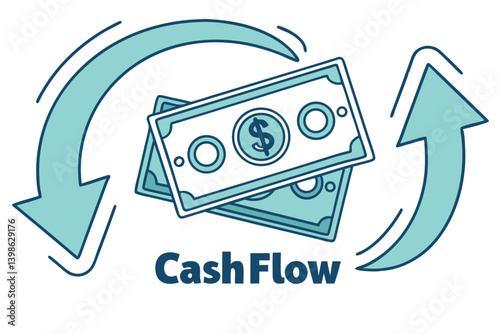Money exchange cycle with dollar bills, arrows, and cash flow, showing financial movement