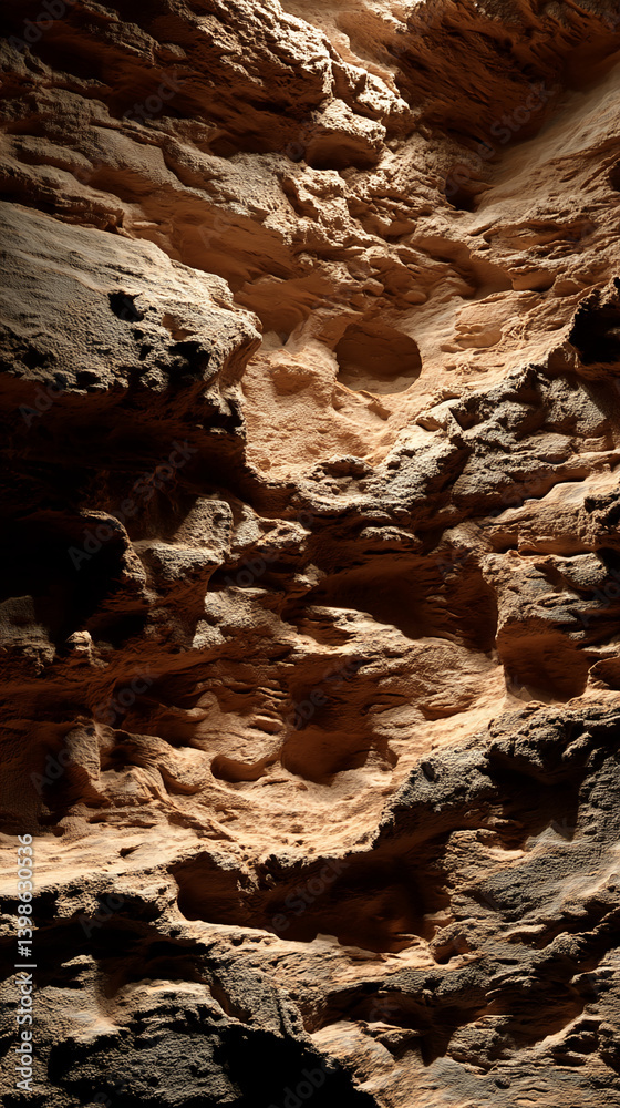Obraz premium Close-up of brown rock texture, showing rugged and uneven surface, ideal for background or wallpaper, conveying a sense of natural landscape and earthy tones