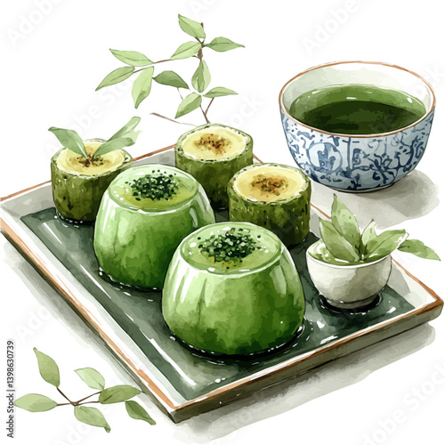 Mochi, watercolor illustration, isolated on a white background.

