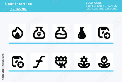 Set of 5 bold user interface icons, face, fearful, icon, flat, vector, glasses, grin, tongue, wink, hand, yawn, head, bandage, hushed, icicles, lying