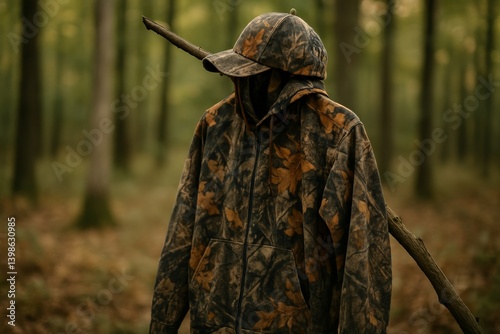 Camouflaged Hoodie Hanging on a Tree Branch in a Tranquil Forest During Autumn
