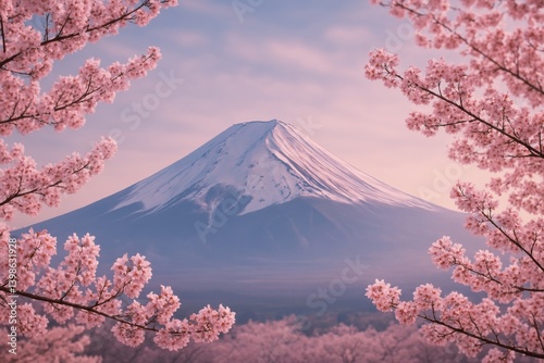 Snow-capped Mountain and Cherry Blossoms Under Soft Morning Light Near