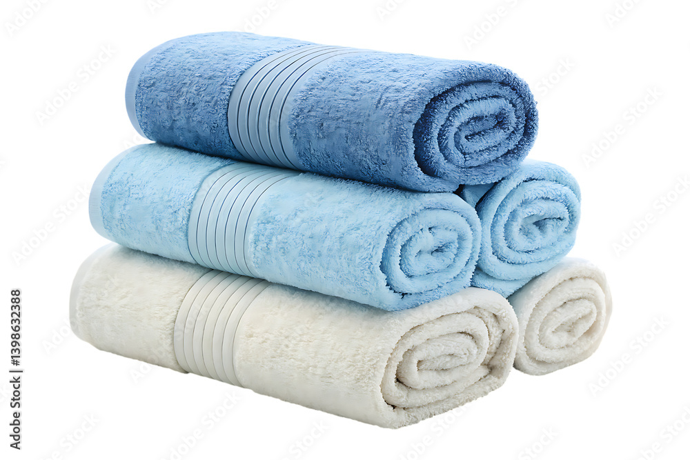 Stack of rolled pastel towels for bathroom or spa on transparent background Stack of rolled pastel towels for bathroom or spa on transparent background