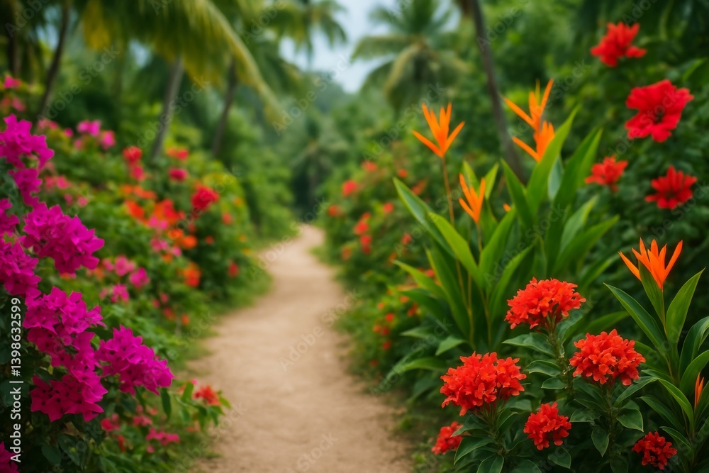 Vibrant Flower Path in Tropical Garden Surrounded by Lush Greenery and Palm Trees Vibrant Flower Path in Tropical Garden Surrounded by Lush Greenery and Palm Trees