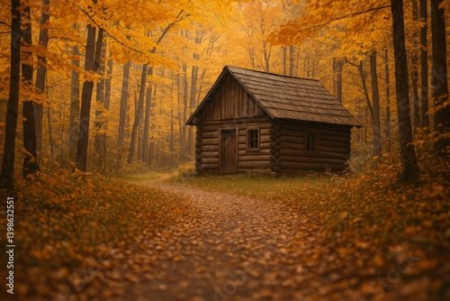 Cozy Wooden Cabin Surrounded by Vibrant Fall Foliage in a Serene Forest Path