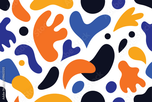 Seamless Pattern with Blue, Orange, Black, Gold Abstract Organic Shapes on White