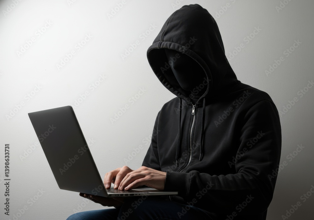 Hacker using a laptop device isolated on white background Hacker using a laptop device isolated on white background