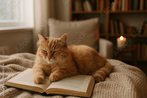 Cozy Orange Cat Resting on an Open Book in a Warm Room With Soft Lighting