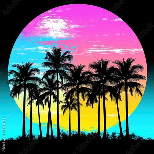 Silhouettes of tropical palm trees against a vivid sunset with vibrant pink, blue, and yellow gradient sky
