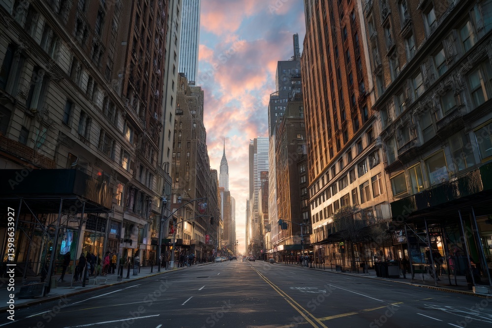Vibrant sunset over empty streets of new york city with skyscrapers and people walking