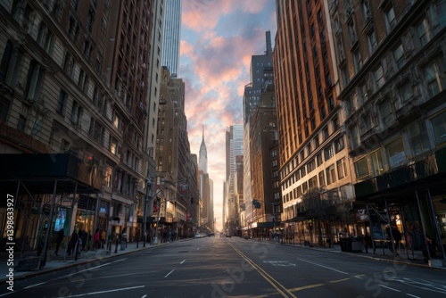 Obraz na płótnie Vibrant sunset over empty streets of new york city with skyscrapers and people walking w salonie