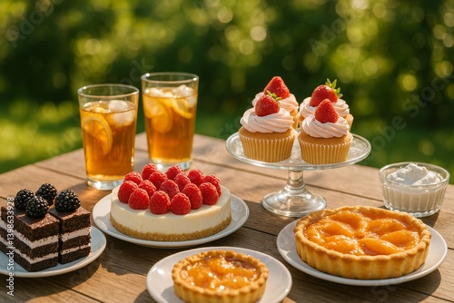 Summer Dessert Gathering With Cakes and Refreshing Drinks in a Sunny Outdoor ...