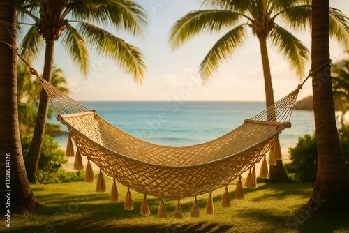 Relaxing in a Cozy Hammock Between Palm Trees by the Beach at Sunset