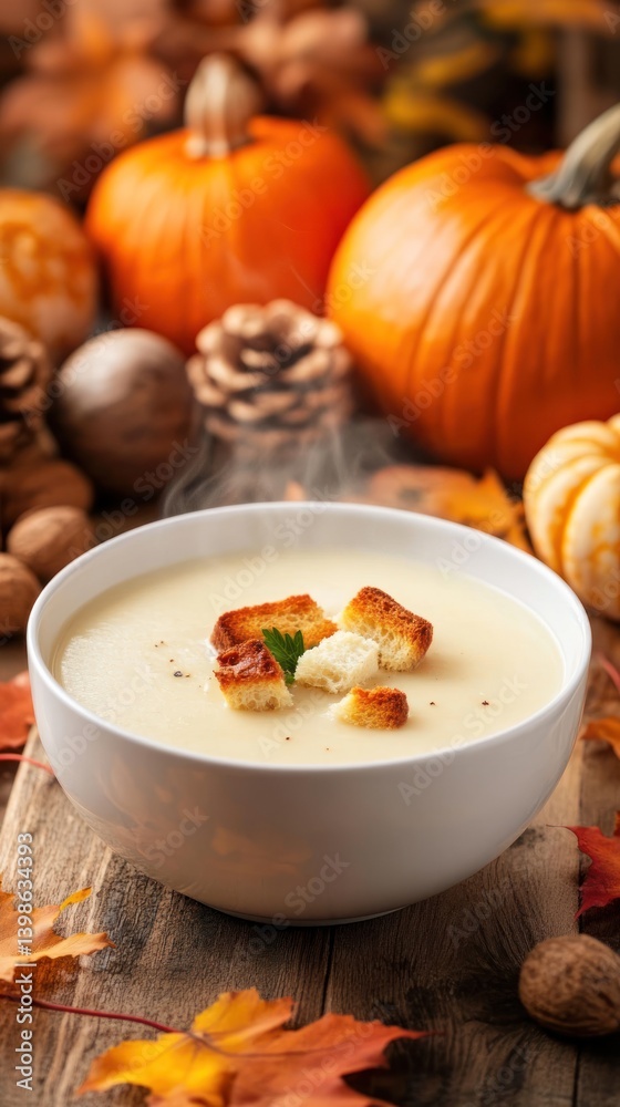 Creamy soup with croutons bowl and pumpkins autumn still life food photography cozy comfort meal seasonal delicious recipe background Creamy soup with croutons bowl and pumpkins autumn still life food photography cozy comfort meal seasonal delicious recipe background
