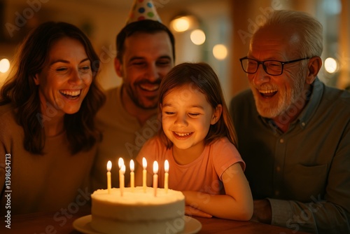 Family Celebrates a Childs Birthday With a Cake and Candles in a Warm Indoor ...