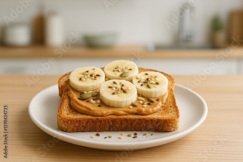Homemade Peanut Butter Toast Topped With Banana Slices and Seeds for a Nutrit...