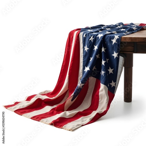 A detailed close-up of an American flag draped over a wooden table, showing the stars and stripes, representing patriotism and American culture, isolated on a white background