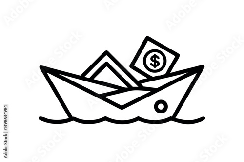 Paper Boat Sinking With Money Cash Flow Illustration Depicting Financial Loss or Crisis