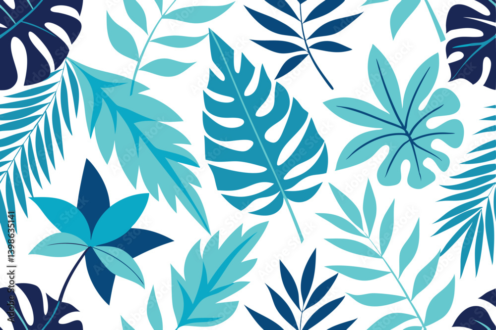 Fototapeta premium Tropical Leaves Seamless Pattern Design with Blue Shades on White Background
