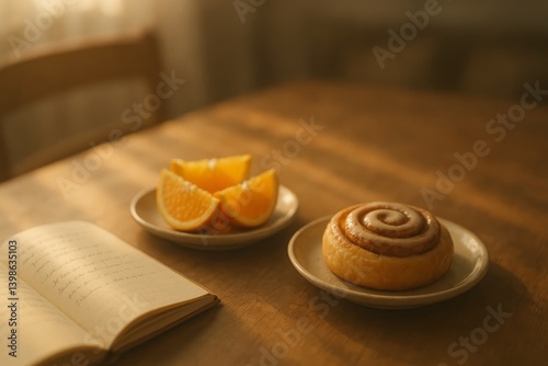 Cozy Morning With a Cinnamon Roll, Orange Slices, and a Warm Drink Beside a B...