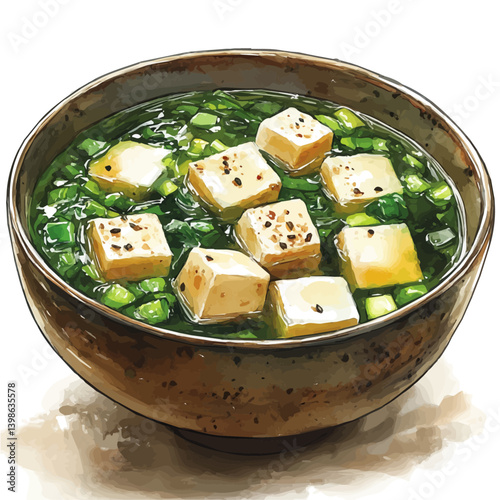Miso Soup, watercolor illustration, isolated on a white background.

