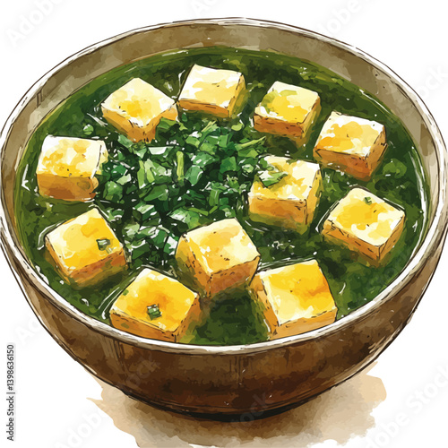 Miso Soup, watercolor illustration, isolated on a white background.

