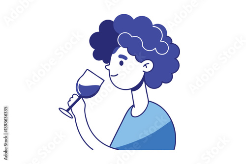 Woman with Curly Hair Holding Wine Glass on White Background Line Art