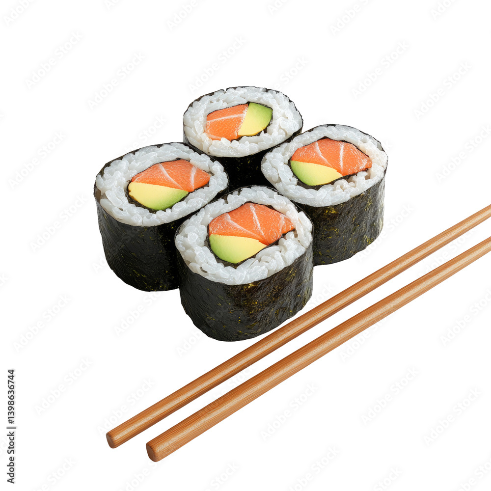 A delightful arrangement of four salmon and avocado sushi rolls, artfully presented on a pristine white background with elegant wooden chopsticks. A delightful arrangement of four salmon and avocado sushi rolls, artfully presented on a pristine white background with elegant wooden chopsticks.