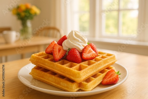 Delicious Waffles Topped With Fresh Strawberries and Whipped Cream Served in ...