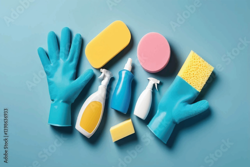Embrace cleanliness with household items. Top view of cleaning supplies—gloves, sponges, spray—on a muted blue background. Perfect for text or promotion