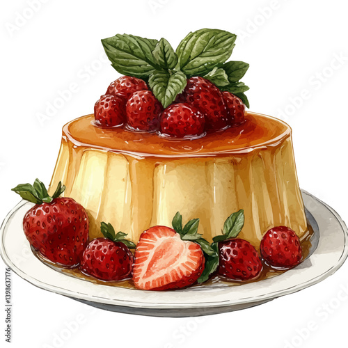 Miso Caramel Pudding, watercolor illustration, isolated on a white background.

