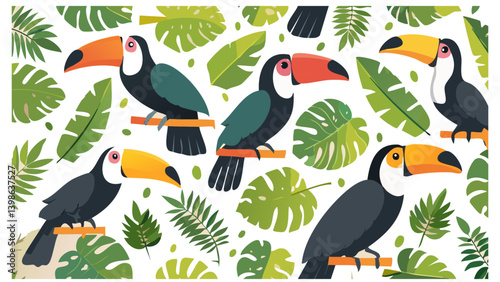 Colorful Tropical Pattern with Birds and Leaves – Seamless Vector 2