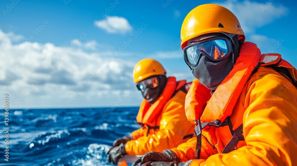Three Sailors Navigating a Small Craft, Focused on the Horizon, Calm Seas, Maritime Adventure Three Sailors Navigating a Small Craft, Focused on the Horizon, Calm Seas, Maritime Adventure