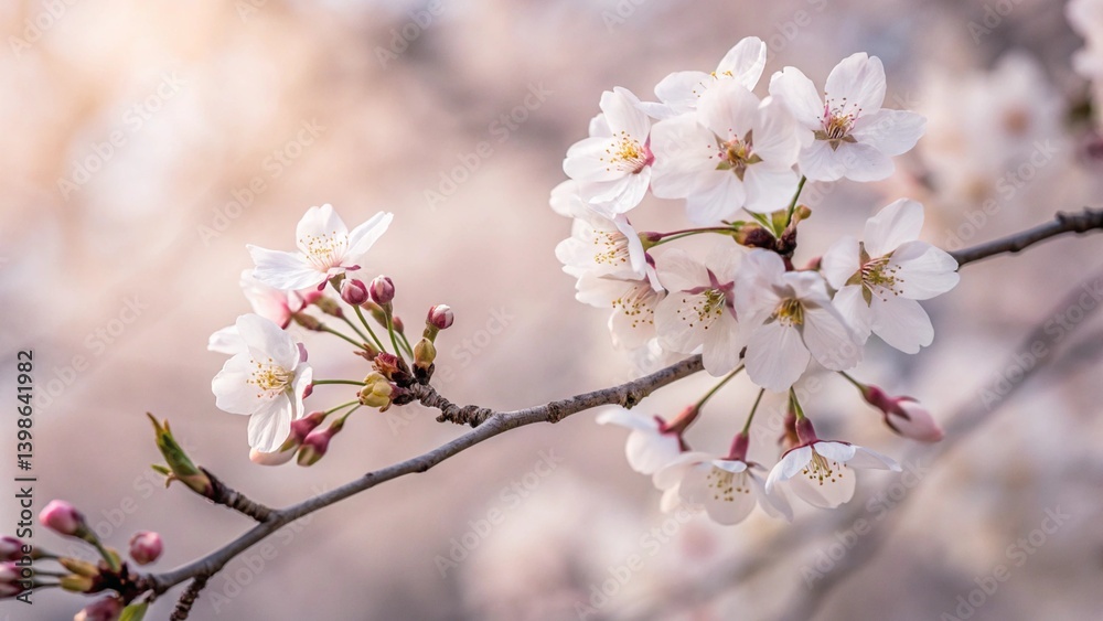 A branch of delicate white cherry blossoms with pink buds on a blurred background.
A branch of delicate white cherry blossoms with pink buds on a blurred background.