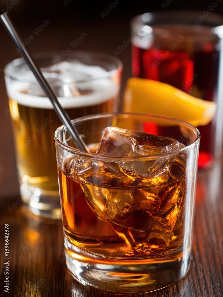 A close-up of three glasses showcasing a variety of beverages, including a whiskey cocktail with ice, a beer, and a fruity drink, perfect for bars, restaurants, or menus, A close-up of three glasses showcasing a variety of beverages, including a whiskey cocktail with ice, a beer, and a fruity drink, perfect for bars, restaurants, or menus,