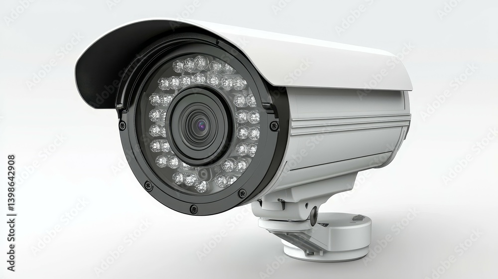 Stunning Close-Up of a Modern White and Black Security Camera with Infrared LEDs, Set Against a Minimalist White Background, Perfect for Technology and Surveillance Promotions Stunning Close-Up of a Modern White and Black Security Camera with Infrared LEDs, Set Against a Minimalist White Background, Perfect for Technology and Surveillance Promotions