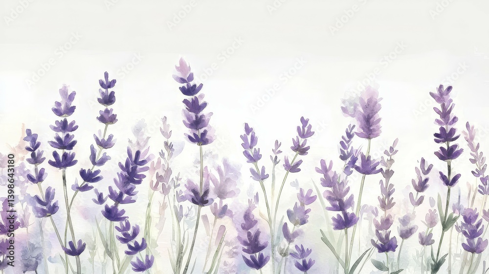 Obraz premium Lavender Border - Serene Watercolor Illustration of Lavender Plants with Soft Purple Hues and Gentle Green Leaves Set Against a Light Background, Evoking Tranquility and Natural Beauty