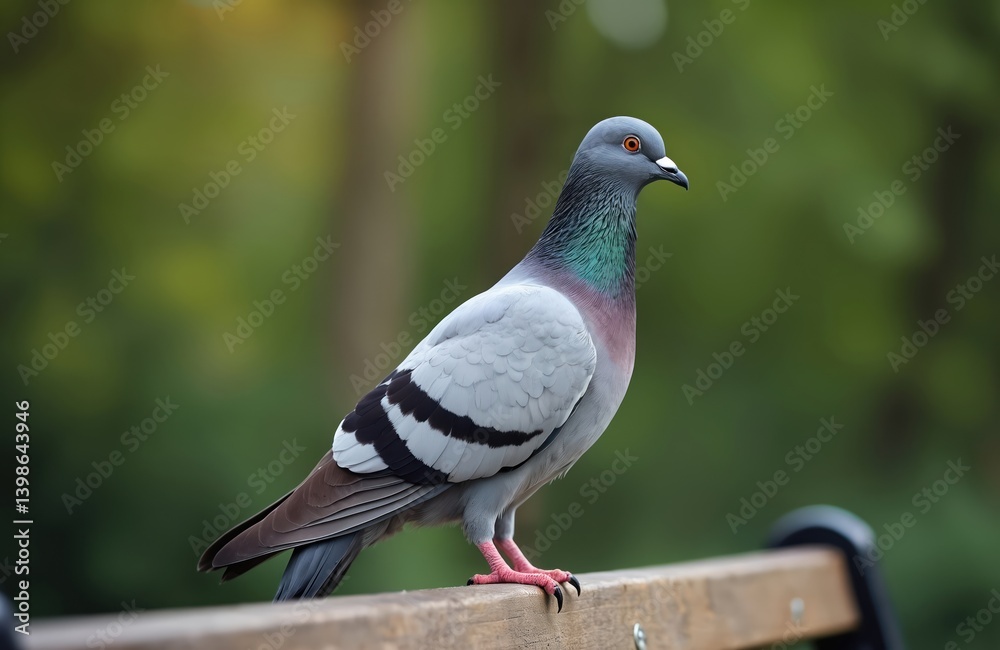Close-up portrait of pigeon perched on bench, park background. Bird displays features feather, beak, wing, grey. Wildlife, peace, nature, freedom. Perfect for articles, design, print, social media, Close-up portrait of pigeon perched on bench, park background. Bird displays features feather, beak, wing, grey. Wildlife, peace, nature, freedom. Perfect for articles, design, print, social media,