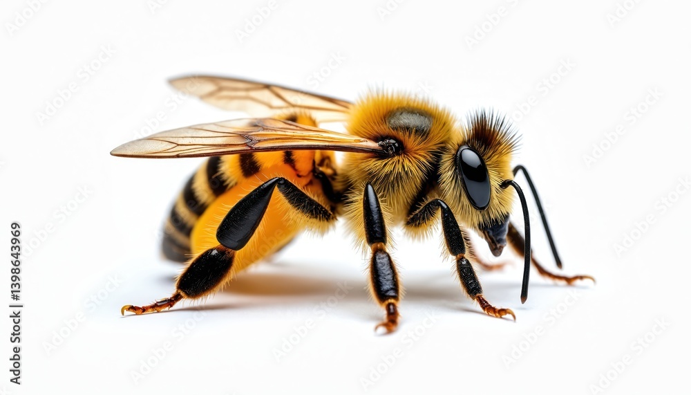 Close-up side view of western honey bee. Apis mellifera insect with pollen basket, corbicula on hind legs, isolated on white background. Macro insect bee detailed view. Close-up side view of western honey bee. Apis mellifera insect with pollen basket, corbicula on hind legs, isolated on white background. Macro insect bee detailed view.