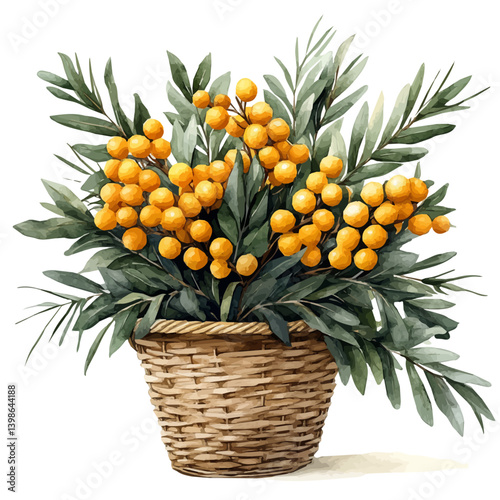 watercolor of Mimosa Bouquet In A Basket, vector, isolated on a white background.