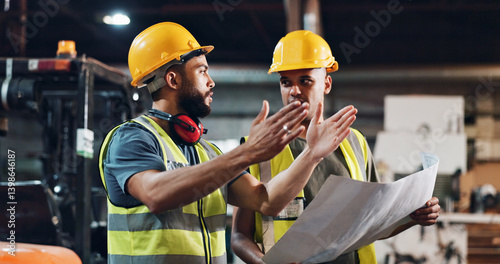Fotografija Men, carpenter and blueprint at warehouse, discussion and review material order for construction project