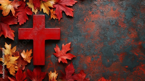 Fototapeta Naklejka Na Ścianę i Meble -  Red cross autumn leaves background christian faith religion seasonal fall thanksgiving day abstract texture