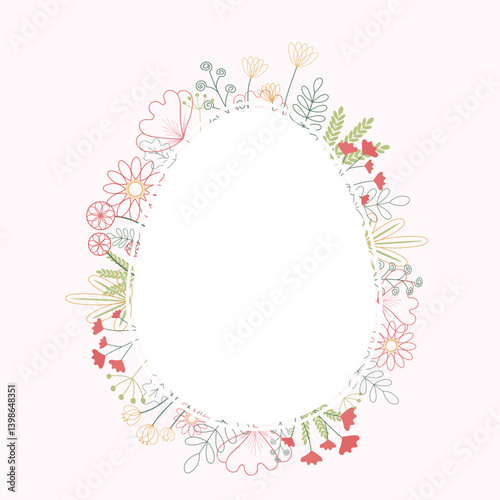 Vector illustration on white background oval frame surrounded by wreath of pink and green flowers. The flowers are drawn in a simple stylized style, the wreath is designed in a somewhat asymmetrical o