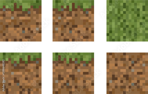 Seamless pixelated surface showing grassy terrain with earthy texture beneath. Retro block design for game environments and creative builds.