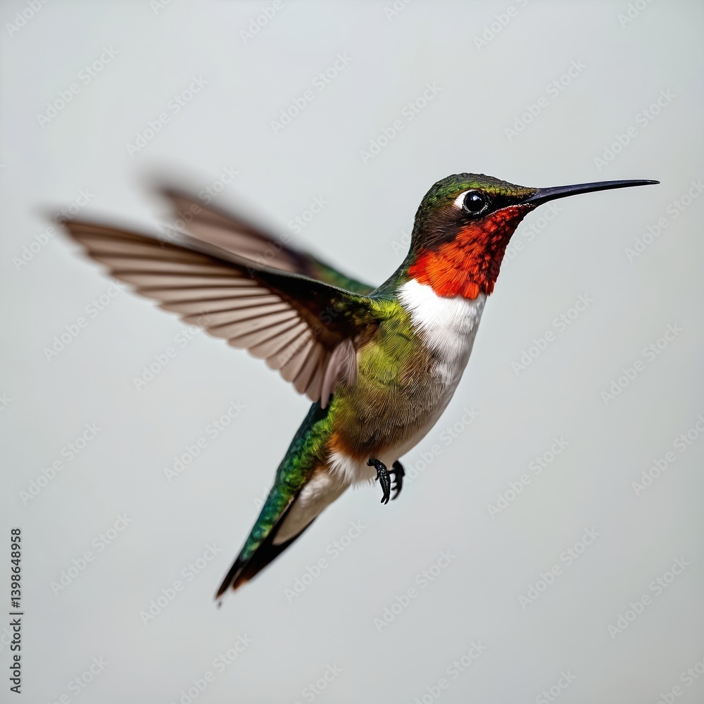 Fototapeta premium Ruby-throated hummingbird Archilochus colubris. Adult male bird in flight. Colorful feathers, red throat, green back. Wildlife nature photo with detailed wings, beak, eye. Isolated white background,